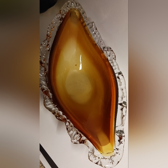 Vintage Hand Blown Orange Clear Ruffled Edge Glass Gondola Fruit Boat Bowl - Picture 4 of 7